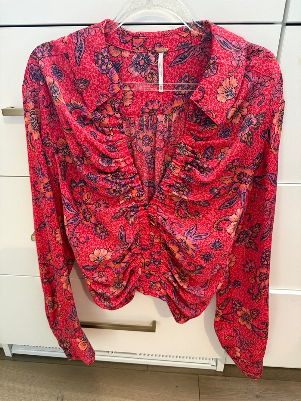 Free People Pink Floral Ruched Collared Long-Sleeve Top